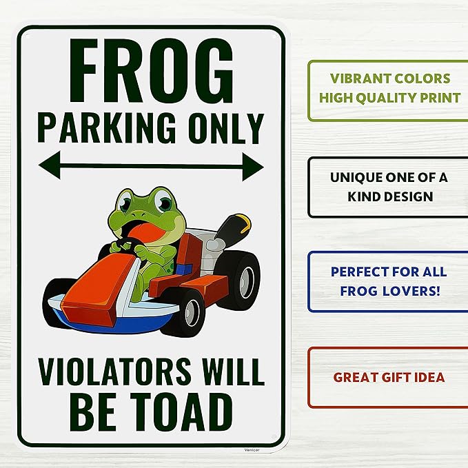 Venicor Frog Parking Sign Decor - 9 x 14 Inches - Aluminum - Cute Frog Gifts for Frog Lovers Women - Frog Tank Room Decorations Accessories Stuff