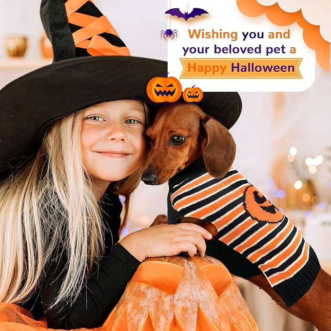 BAEJMJK Cute Halloween Dog Sweater Soft Striped Pumpkin Puppy Sweaters with Leash Hole Warm Turtleneck Pet Dog Clothes Costume for Small Medium Large Dogs Cats(X-Small)