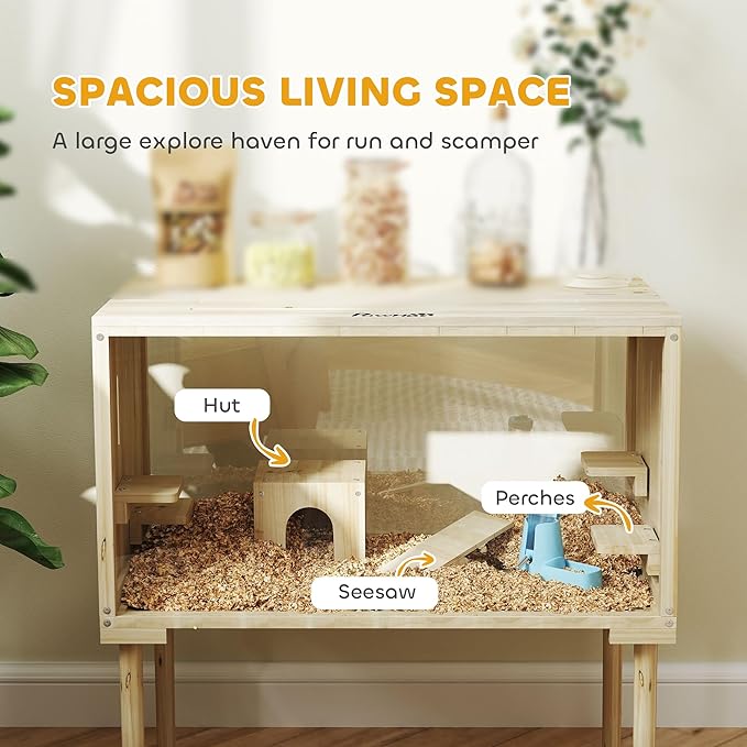 PawHut Wooden Hamster Cage with Legs, Gerbil Cage with Seesaw, Hut, Water Bottle & Food Dish, Hamster Habitat for Syrian, Dwarf, Mouse, 28" x 16" x 29.5", Nature Wood