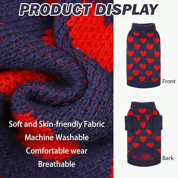 KOOLTAIL Cat Sweater Turtleneck - Soft Knit Sweaters for Small Medium Large Cats & Kittens - Warm & Thick, Red Heart Love Pattern - Navy