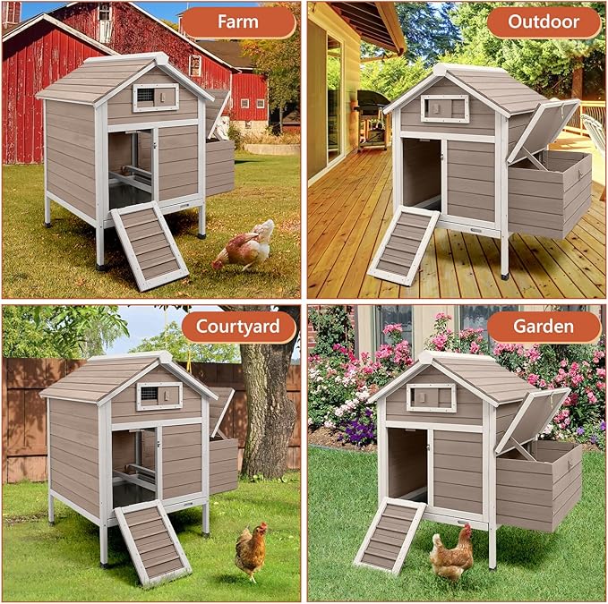 Large Chicken House Outdoor with 2 Nesting Box, Small Wood Chicken Coop Hen House with Removable Trays, Ramp, Outdoor Indoor Rabbit Hutch Poultry Cage (32" L x 23.6" W x 36.6" H)