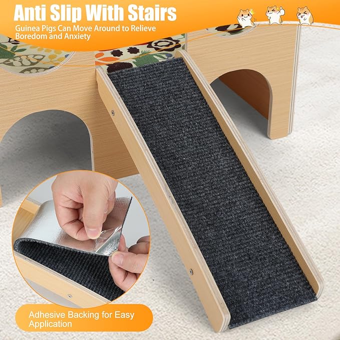 Guinea Pig Hideout Castle 2 Tierd Sturdy Wooden Hamster Castle Detachable Guinea Pig Hideout House with Ramp and Cushion Small Animal House Hut Habitats for Chinchillas Playing Hiding (Double Decker)