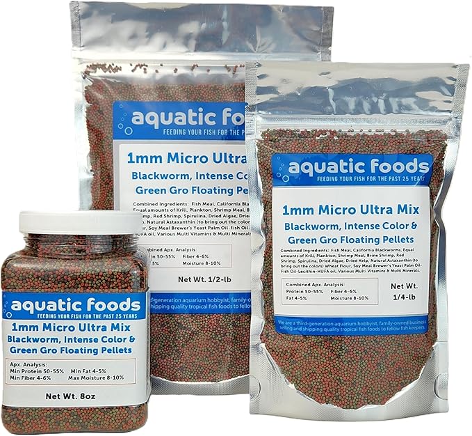 Aquatic Foods Inc. Ultra Pellet Mix of 1mm California Blackworm, Intense Color Red, Spirulina Green GRO Floating Pellets for All Small Tropical Fish & Pond Fish...1/4-lb Bag