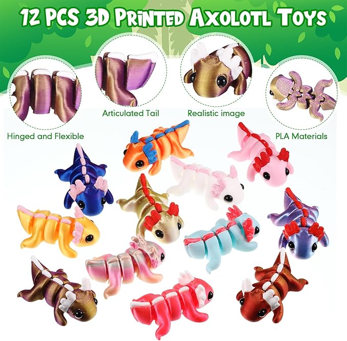 Honoson 24 Pcs 3D Printed Axolotl Fidget Toy 3D Printed Small Animal Toy Flexible Cute Articulating Pet Stress Relief Fidget Toys for Play and Display