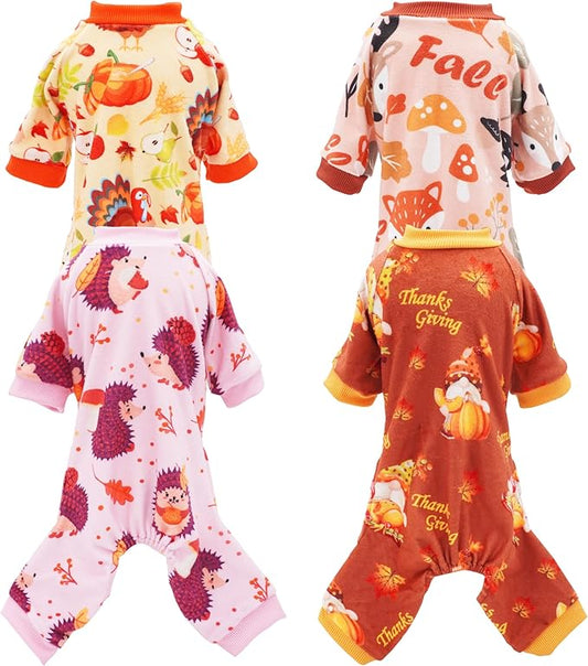 PET SHOW 4 Pack Fall Small Dog Pajamas Thanksgiving Clothes Doggies Girl Boy Soft Stretchy PJs Autumn Jumpsuit Puppy Cats Onesies Outfits with Sleeve Pets Dachshund Costume XS