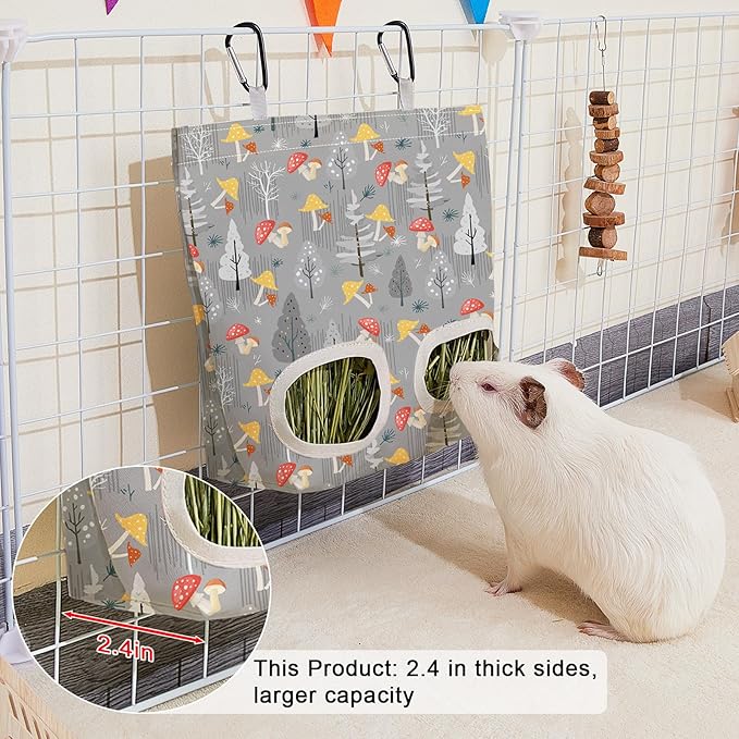 Glittme 2 Pack Guinea Pig Hay Feeder, 11.5x9 Inch Hay Bag for Rabbits, Hanging Hay Holder for Guinea Pigs Cage Hay Feeder for Bunny, Small Pets,Grey Mushroom