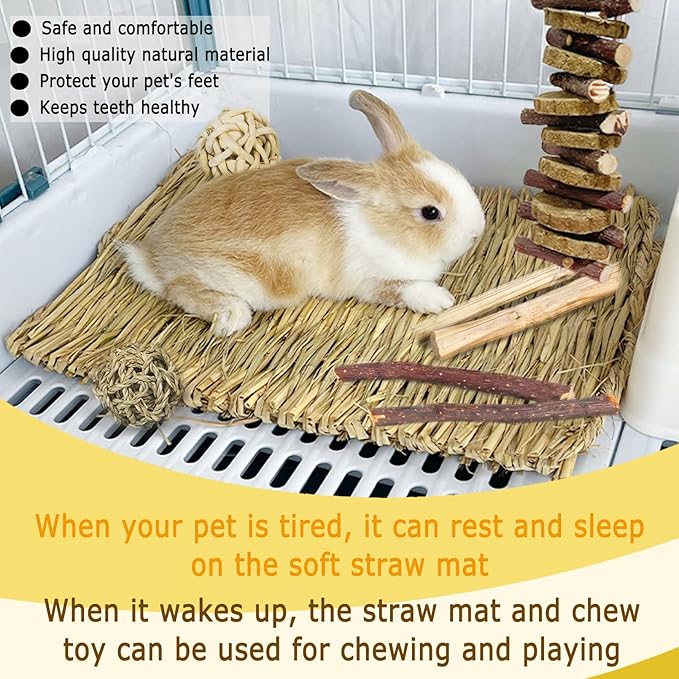 kathson 18PCS Bunny Chew Toys for Teeth,Rabbit Grass Mats,Natural Hay Woven Bunny Bed,Rabbit Wood&Bamboo Sticks and Timothy Grass,Small Animals Chew Treat Toy for Guinea Pig,Hamster,Chinchillas,Mouse