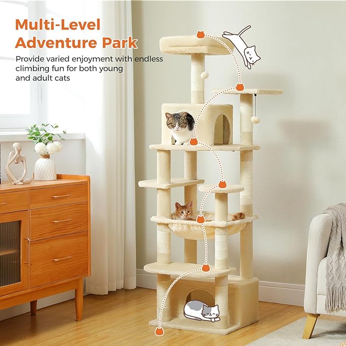 64.5-inch Multi-Level Cat Tree for Indoor Cats with Large Metal Frame Hammock - Plush Cat Tower with 2 Top Perches, 2 Condos, 7 Scratching Posts & Pompoms, Sturdy Pet House Toys, Beige