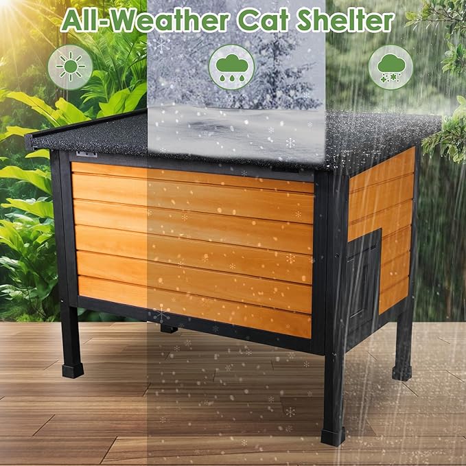 Outdoor Insulated Cat House for Stray Cats Weatherproof Shelter with Openable Asphalt Roof and Escape Door