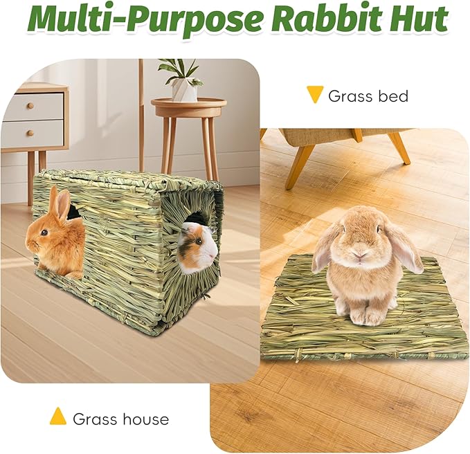 Hamiledyi 2 Pack Large Rabbit Grass House Hand Woven Natural Bunny Hut Foldable Play Bed Safe Cozy Hideaway Hay Mat Chew Toys for Hamster Guinea Pig Chinchilla Gerbil Ferret