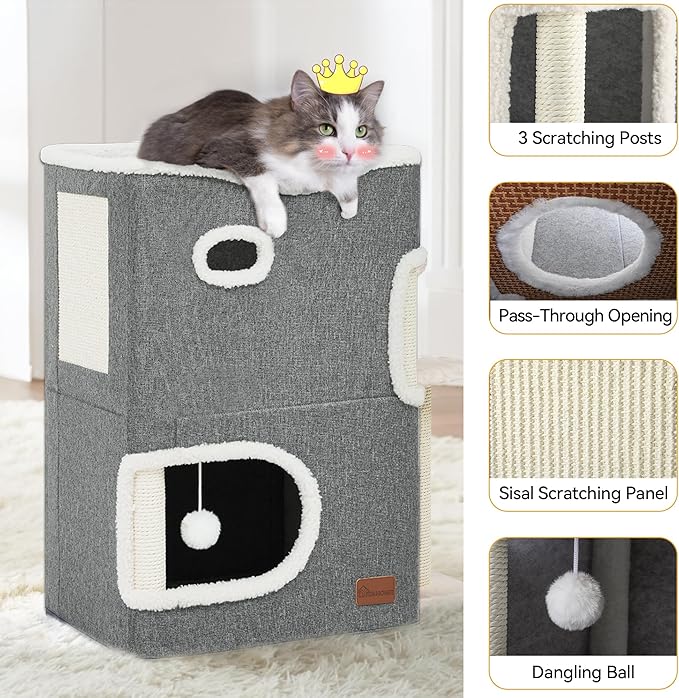 YITAHOME 2-Tier Cat House, Indoor Cat Cave Bed Playhouse, Covered Cat Beds & Furniture with Scratch Pad and Hideaway Cave, Cute Modern Cat Condo Furniture for Multi Small Cats, Grey
