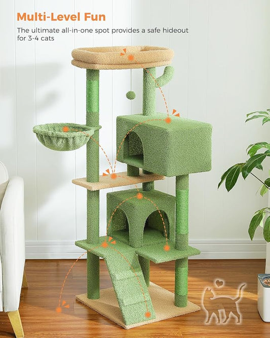 Cactus Cat Tree for Adult Cats with Super Large Top Perch, 56.3" Cat Tower for Cats with Plush Hammock, Dangling Pompom, Cat Scratching Posts and 2 Condos, Green House