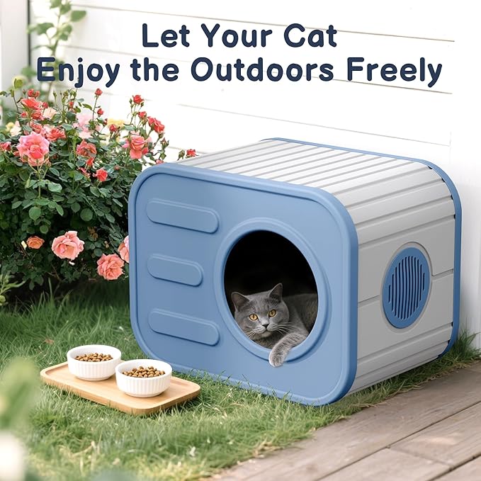 Outdoor Cat House, Outside Cat Shelter with Dual Ventilation Waterproof Resin Pet House for Indoor and Outdoor Use Shelter Pet Home for Cats Small Dogs, Blue