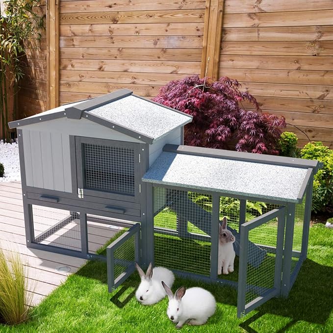 Tangkula Large Chicken Coop, 58‘’ Wooden Hen House Outdoor Backyard Garden Bunny Rabbit Hutch with Ventilation Door, Removable Tray & Ramp Chicken Coop (58 inches) (Gray)