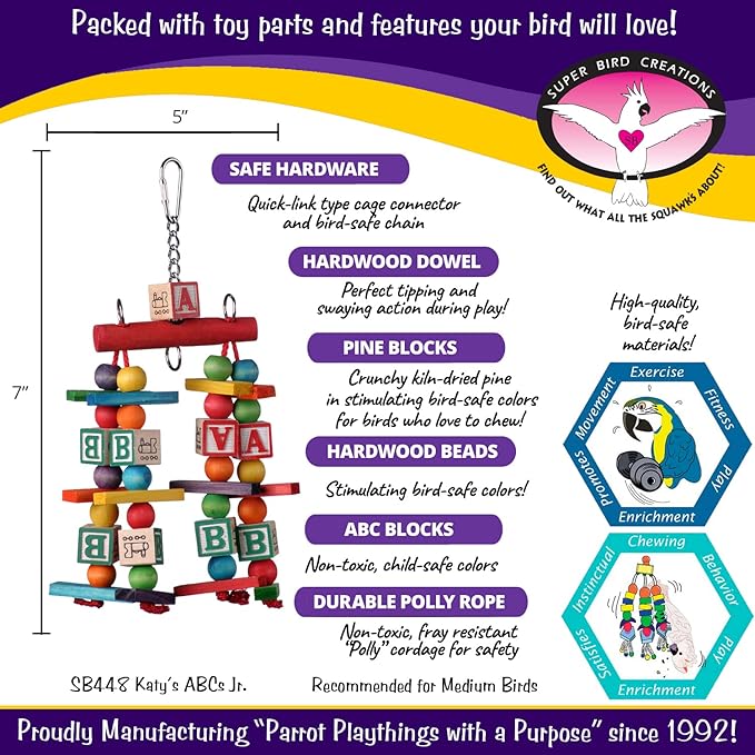 Super Bird Creations SB448 Katy's ABC Jr. Interactive Bird Toy - Durable Chew Toy, Non-Toxic Textured ABC Blocks, Safe 'Polly' Rope, Ideal for Parrots & Ringnecks - Medium Bird Size - 7" x 5" x 1.5"