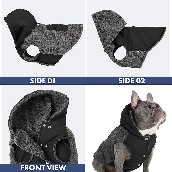 Spark Paws Reversible Dog Sweater, Sherpa Jacket Vest with Warm Fleece Lining, Warm Coat for Winter, Suitable for Small Medium, Large, XL XXL Dogs - Black and Grey - S