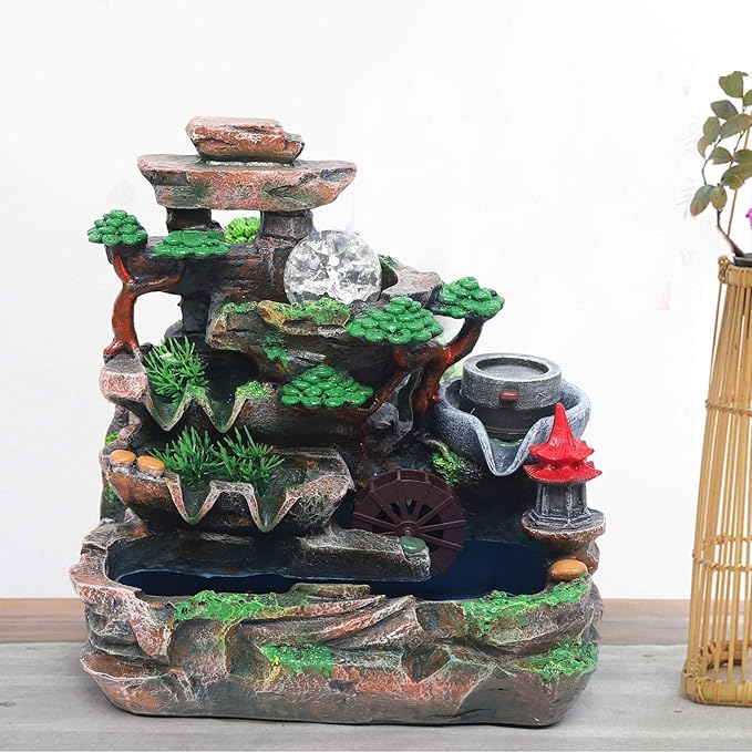 Tabletop Waterfall Fountain with Rockery, Mini Silent Indoor Ornament Desk Calming Water Fountain Desktop Simulation Resin with Atomizer LED Light for Office Bedroom Home Table Decor Multi-Layer