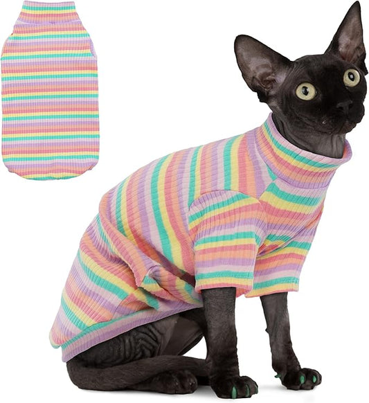 PUMYPOREITY Soft Hairless Cats Clothes - Rainbow Stretchy Cat Sweater, Pullover Jumpsuit, Turtleneck Outfit for Sphynx, Cornish Rex, Devon Rex, XS