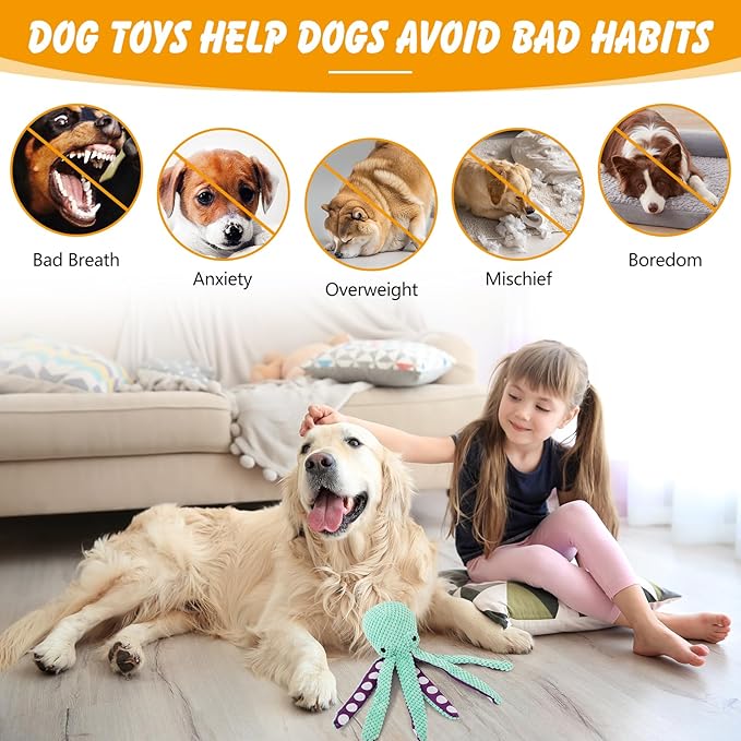 Octopus Dog Toys, No Stuffing Squeaky Dog Toys Chew Toys for Dogs Puppy Toys Indestructible Dog Toy for Small & Medium & Large Dogs (Green)