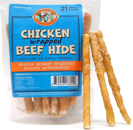 Chicken Wrapped Beef Hide Sticks - Long Lasting Dog Chews for Aggressive Chewers - Chicken Wrapped Dog Treats for Small Dogs - S (Pack of 21)