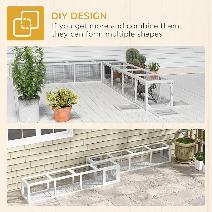 PawHut Outdoor Cat Tunnel with Extendable Design, 79" L Wooden Cat Run with Weather Protection, Connecting Inside and Outside, for Deck Patios, Balconies, White