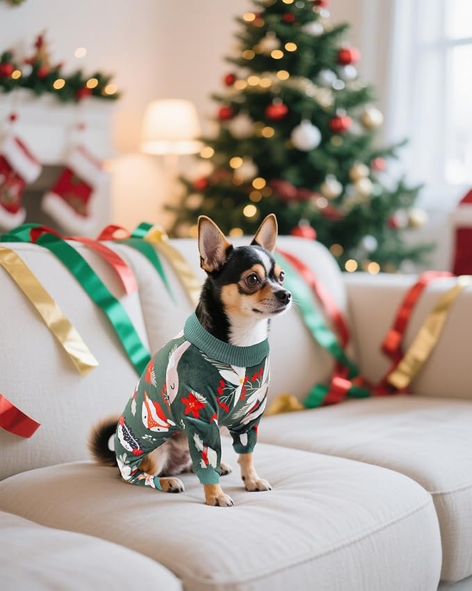 PET SHOW 4 Pack Christmas Small Dog Pajamas Holiday Dog Clothes Doggies Soft Stretchy PJs Xmas Jumpsuit Puppy Cats Girl Boy Onesies Red Green Outfits with Sleeve Pets Dachshund Costume XS