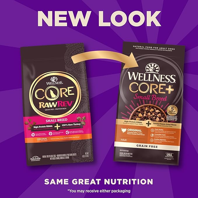 Wellness CORE+ (Formerly RawRev) Natural Grain Free Small Breed Dry Dog Food, Original Turkey & Chicken with Freeze Dried Turkey, 10-Pound Bag