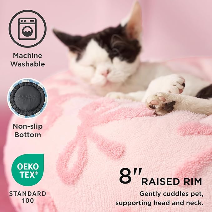 LE SURE Donut Cat Beds for Indoor Cats - Round Small Dog Bed Calming Pet Beds, Cute Modern Beds with Jacquard Shaggy Plush & Anti Slip Bottom, 20 Inch, Pink Taffy
