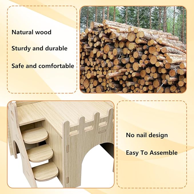 BNOSDM Hamster Hideout Set Gerbil Wooden House with Stairs Wood Hide Hut with Fun Slid Seesaw Dwarf Cage Accessories for Syrian Hamsters Mouse Mice