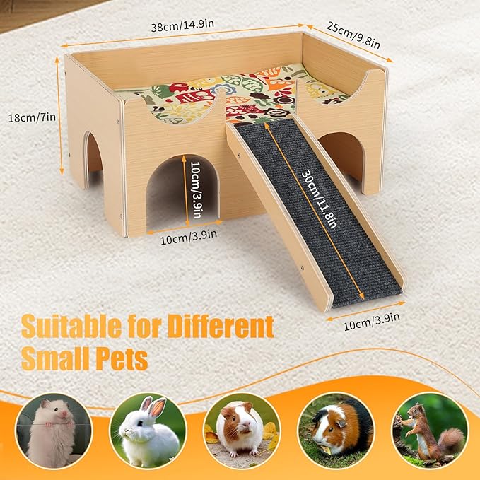 AQQHSAIN Guinea Pig Hideout Castle Sturdy Wooden Hamster Castle Detachable Guinea Pig Hideout House with Ramp and Cushion Small Animal House Hut Habitats for Chinchillas Playing Hiding (Single Layer)