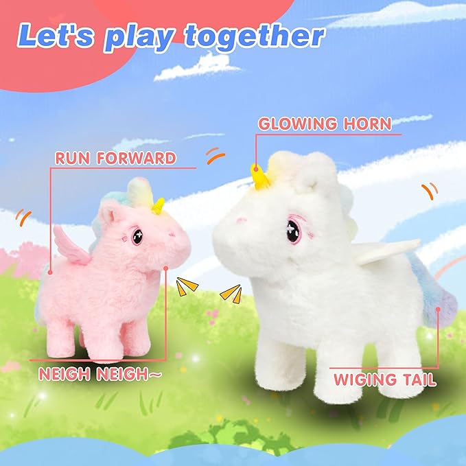 Hopearl Walking Unicorn with Glowing Horn Interactive Electronic Pet Plush Unicorn Toy with Sounds and Movements Animated Gift for Toddlers Birthday, White, 7''