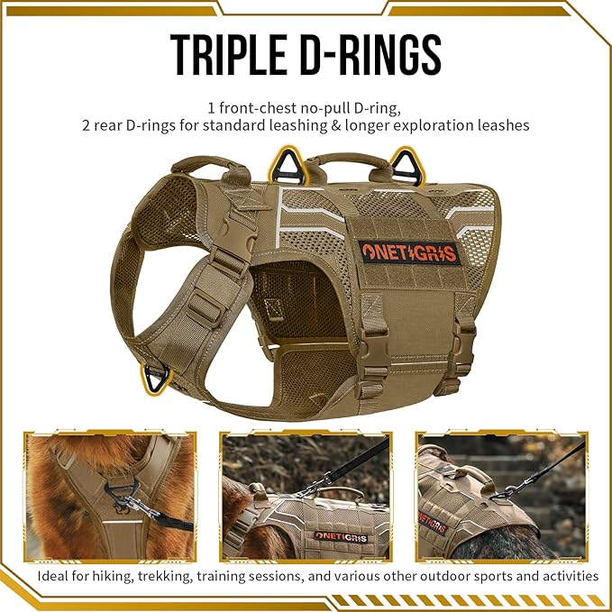 OneTigris Tactical Dog Harness for Medium Large Dogs, Adjustable Tactical Dog Harness with Handles, Reflective Vest Heavy Duty & Breathable Military Assistance Vest with No Pull Buckle, Brown