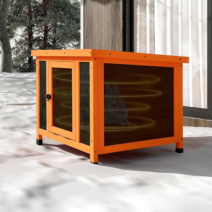 COZIWOW 24inches Insulated Cat House Outdoor Heated Indoor Small Animal House,Rabbit Cage Outdoor,Suitable for Small Cats, Rabbits, with Warm Liner for Winter(Orange with Warm)