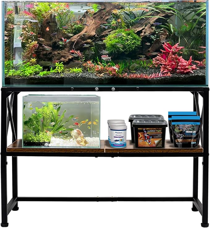30 Gallon Fish Tank Stand, Aquarium Stand with 2-Tier Storage Shelves, Rustic Brown Metal Frame Turtle Tank,Adjustable Height Design (30 Gallon)