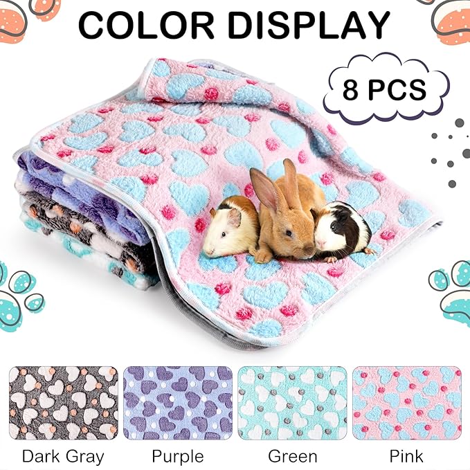 Tudomro 8 Pcs Guinea Pig Bedding Cage Liners Bulk Waterproof Blankets Small Animal Flannel Throw Bedding Absorbent Reusable Pet Pee Sleep Mat Pad Cover for Hamster Ferret (Heart,14 x 28 Inch)