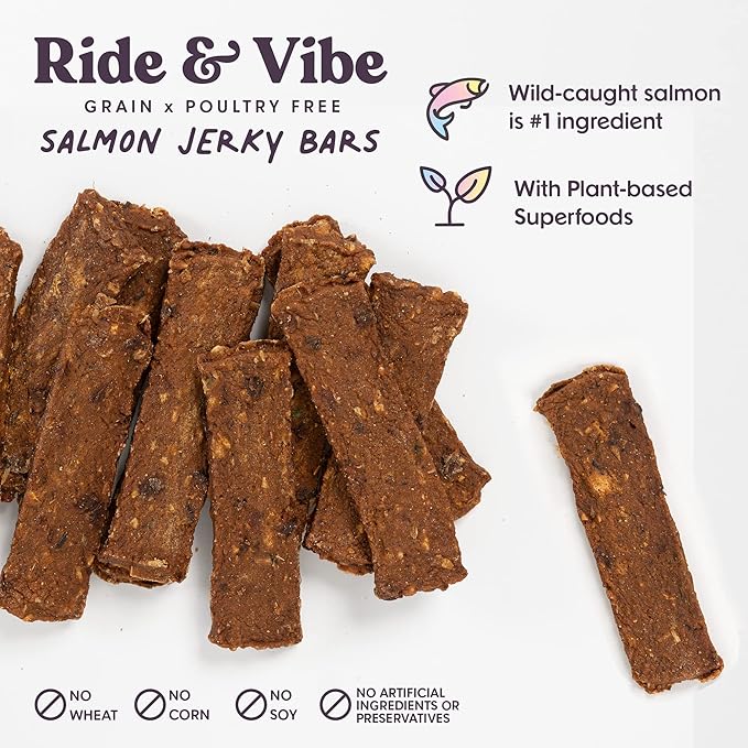 Ride & Vibe Dog Treats Salmon Jerky Snack Bars, 16 oz Bag, Puppy Training Treats, Natural Superfood Grain Free, Wild Caught Salmon, Superfoods, Corn, Poultry & Soy Free