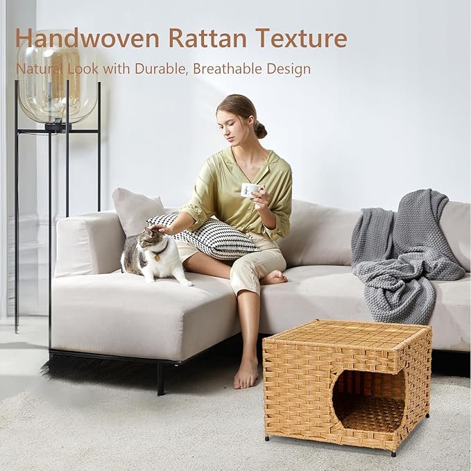 Cat House for Indoor Cats -Handwoven Rattan Cozy Kitten Cave with Double-Sided Soft Cushion, Decorative Pet Bed Furniture