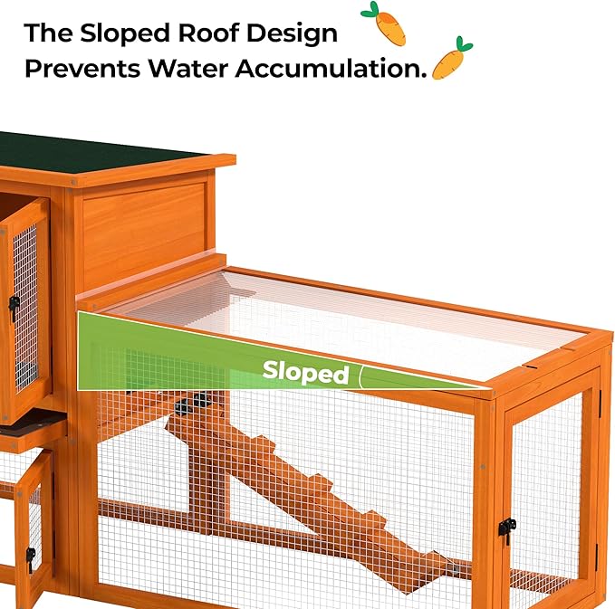 COZIWOW Large Rabbit Hutch Bunny Cage Outdoor Indoor Wooden Small Animal House with Sloped Roofs, Pet Run, No-Leak Tray, 4 Doors, Non-Slip Ramps, Colorful Patterns (Orange)