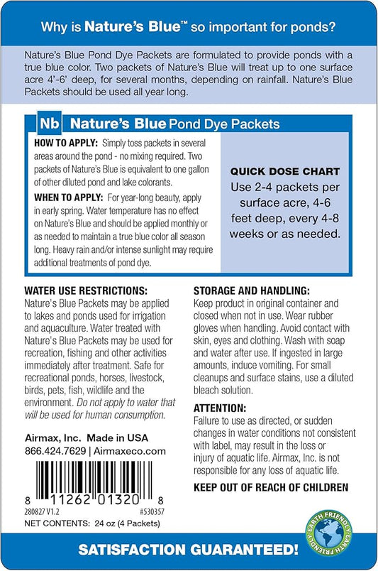 Airmax Pond Dye Packets Nature's Blue Colorant for Large Pond & Lake, Beneficial UV Blocking Color Concentrate, Maintain Clean & Clear Water, Fish & Animal Safe, 16 Soluble Packets