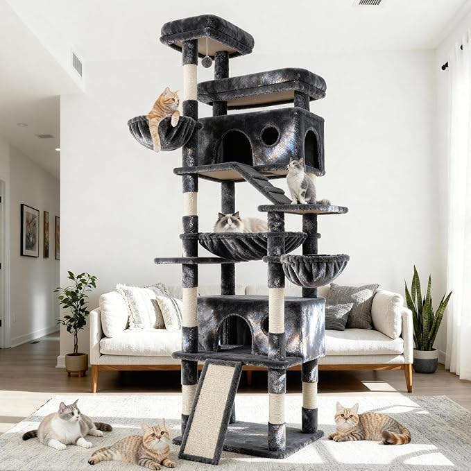 Tall Cat Tree Tower Large: 80-Inch 8-Level Extra Giant Cat Condo for Indoor Big Cats Adults with 9 Scratching Posts, 2 Perches, 2 Caves, 2 Basket, 2 Stairs, Heavy Duty, Huge