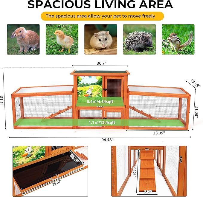 COZIWOW Large Rabbit Hutch Bunny Cage Outdoor Indoor Wooden Small Animal House with Sloped Roofs, Pet Run, No-Leak Tray, 4 Doors, Non-Slip Ramps, Colorful Patterns (Orange)