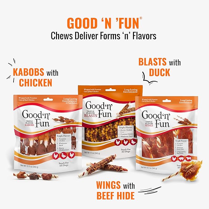 Good ‘n’ Fun Triple Flavor Ribs Chews for All Dogs, Treat Your Dog to Long-Lasting Chews Made with Beef Hide, Chicken and Pork Hide, 12 Ounces