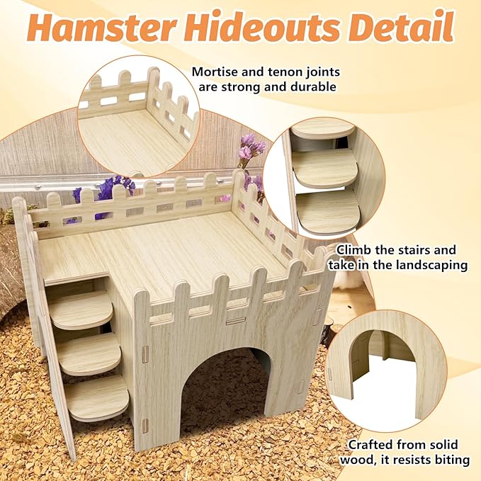 BNOSDM Hamster Hideout Set Gerbil Wooden House with Stairs Wood Hide Hut with Fun Slid Seesaw Dwarf Cage Accessories for Syrian Hamsters Mouse Mice