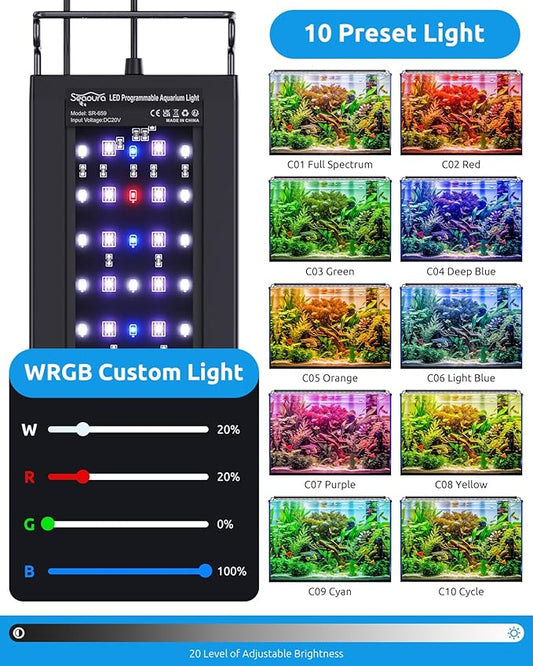 Aquarium Light for Fish Tanks, 24-30in Full Spectrum LED Lights with Temp Alarm, 3 Timers Auto On/Off with Memory Function, WRGB Custom, 20 Level Dimmable Brightness for Freshwater Plants