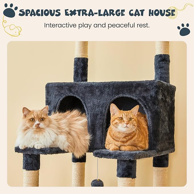 MWPO 74.8 inches Large Cat Tree with Sisal-Covered Scratching Posts & Condo, Tall Cat Tower Entertainment Playground Furniture for Cats & Kittens - Multiple Colors-Smoky Gray