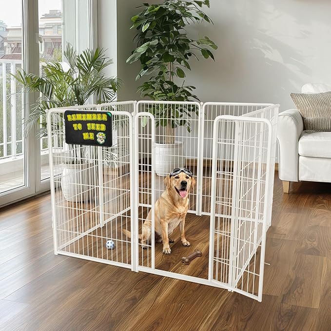 FXW Homeplus Unleashed Indoor Dog Playpen - Stress-Free and Safe Play, Heavy Duty 45 Inch 8 Panels with Magnetic Hook & Loop Patch Board for Large Dogs, White│Patented