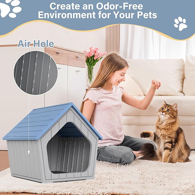 Outdoor Cat House Weatherproof, Clawsable Cat Houses for Outdoor Indoor Cats, Feral Outside Cats House Weatherproof, Resin Insulated Material, Air Holes Easy to Clean and Install, Blue
