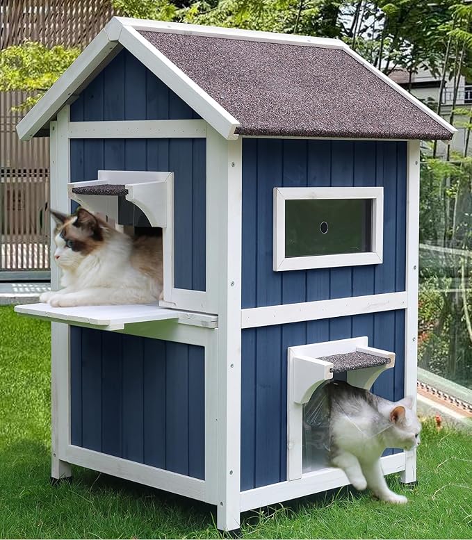 Rockever Outdoor Cat House, 2 Story Outdoor Houses for Feral Cats Wooden Outside Cat Shelter Weatherproof with Escape Door