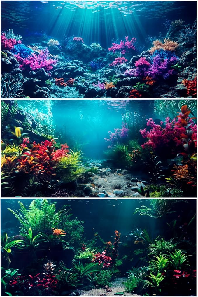 COMSUN 3 Pack Aquarium Background, 48x24 inches Polyester Aquarium Background, Cloth Fish Tank Background, Undersea Corals Sunshines & Rock Aquatic Plants