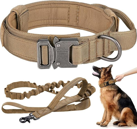 Tactical Dog Collar and Leash Set Heavy Duty Military Dog Collar with Handle and Metal Buckle for Medium and Large Dogs (Brown, XL)